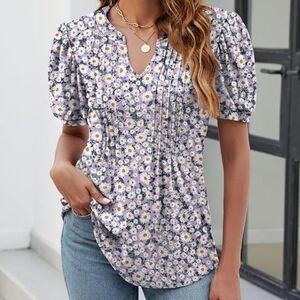 Micoson Floral Daisy Short Puff Sleeve Shirt Blouse